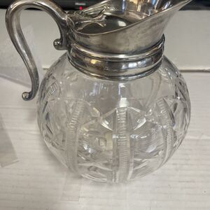 Vintage Diamond Cut Glass 9”Pitcher w/silver Handle & Spout -